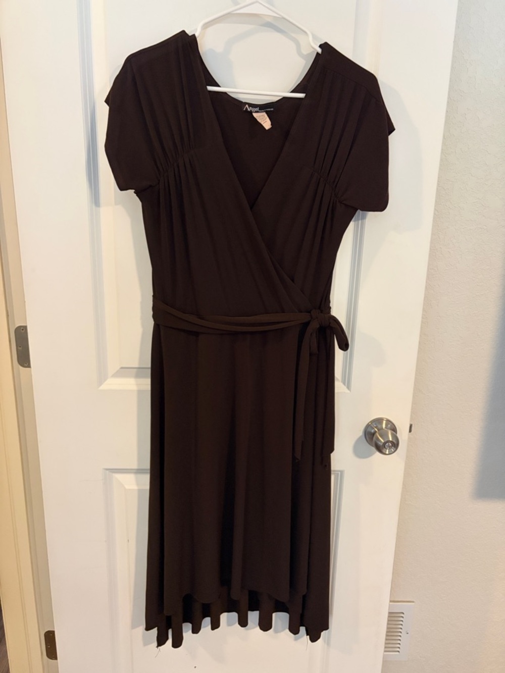 Dark Brown High-Low Wrap Midi Dress with Tie Waist